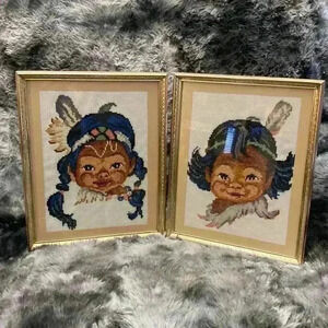 Vintage Pair of framed needle point  indigenous boy and girl pictures